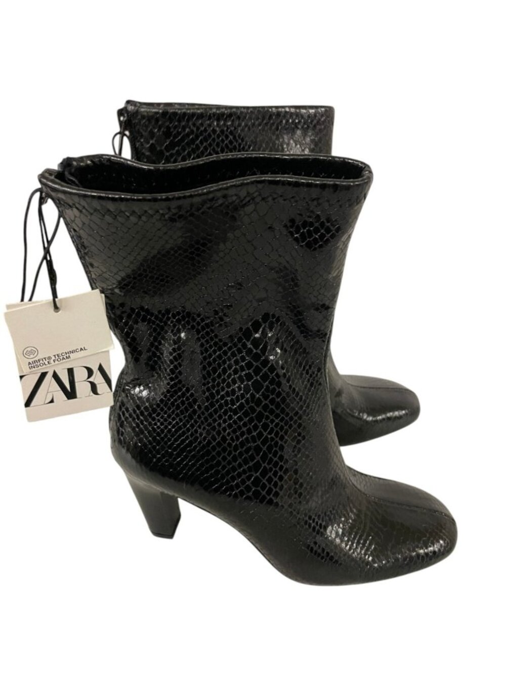 Zara Womens Boots EU 37 US 6.5 Black Snakeskin Mid Calf Heeled 1103/510 NWT